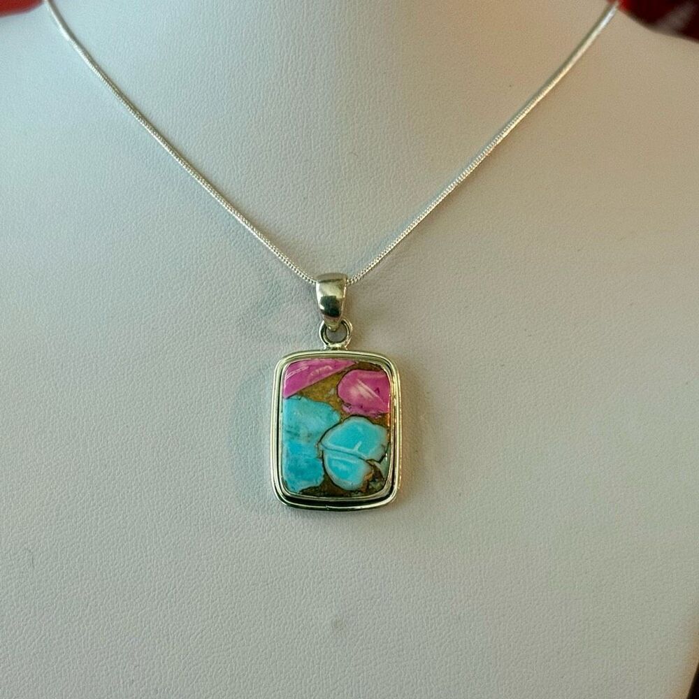 Southwestern Cotton Candy Turquoise Rectangular Pendant Sterling Silver Necklace